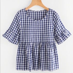 Frill Trim Gingham Blouse SHEIN